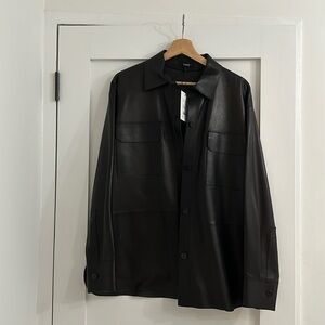 SOLD Size L black Napa leather Theory patch pocket shirt jacket.
